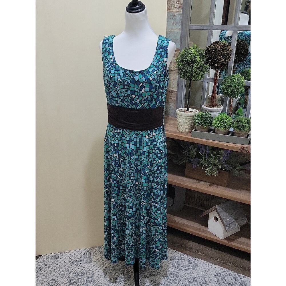Perceptions Teal Tile Mosaic Maxi Dress with Black Waistband Womens Sz 12